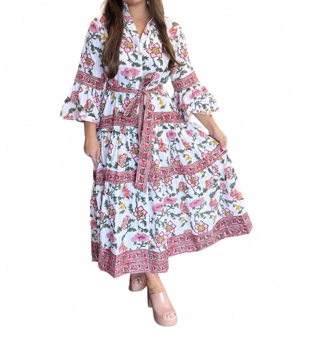 NEW BRISARA women's chinoiserie bell sleeve belted maxi dress in pink
